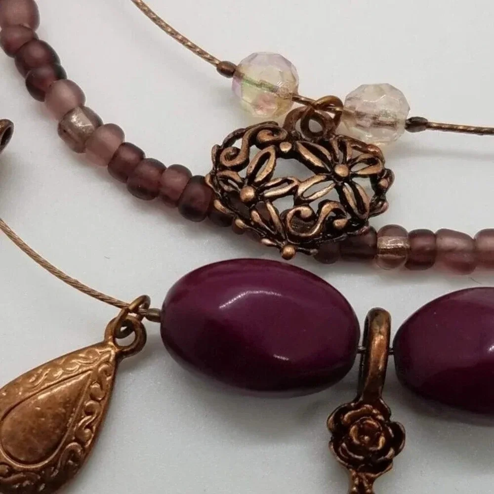 Purple Beaded Necklace‎ Earrings Set Bronze Tone Cross Key Heart Charms Women